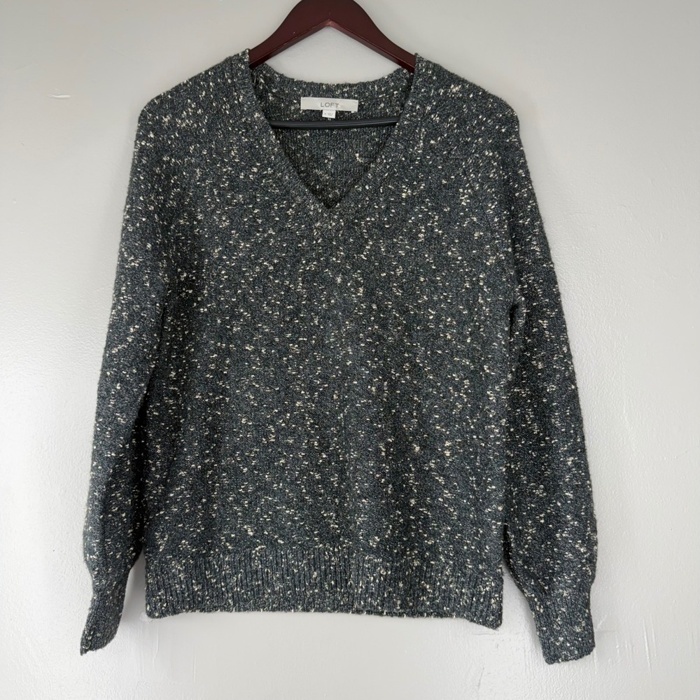 LOFT Womens Medium V-Neck Marled Knit Metallic Shimmer Sweater Charcoal Gray